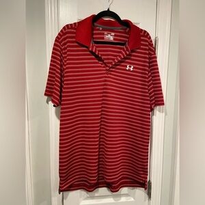 Under Armour Mens Size L Red Striped Heat Gear Loose Fit Polo Shirt Logo